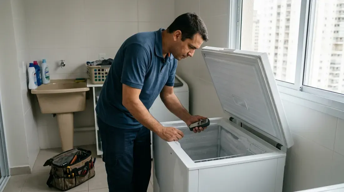 Técnico verificando freezer horizontal